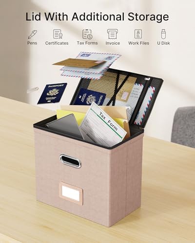 Oterri File Box Small 1-Pack Mesh Pockets Hanging Organizer for Letter-Size | Dustproof Lid. 3 Mesh Pockets. Collapsible Scratch-Resistant GRS Linen. Slide Rails. Office, Home, Dorm
