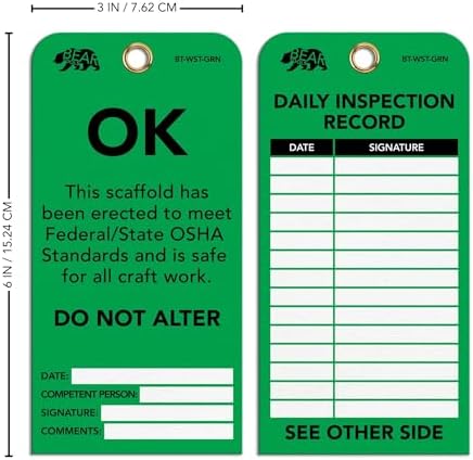 BearTOOLS Scaffold Tags - Safety Inspection Kit with Cable Ties - OK Scaffold Status Warning Sign - Laminated 3 x 6 in, Pack of 25 - Weatherproof, Tear-Resistant - Green Tags