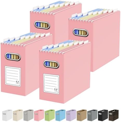 Oterri Portable Collapsible Cardboard File Box with Handle for Letter-Size | 4-Pack. Stainless Steel Handle. Label Stickers Included. Fits Letter Folders (Not Included). Home, Office, School, Dorm, Tax.