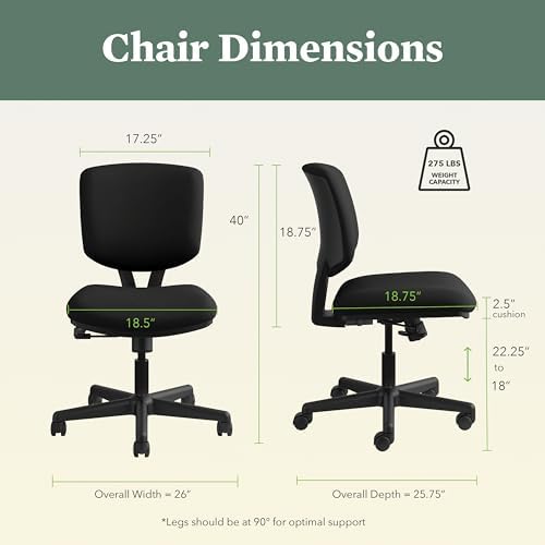 HON Volt Ergonomic Office Chair, Armless, Office Desk Computer Chair, Black