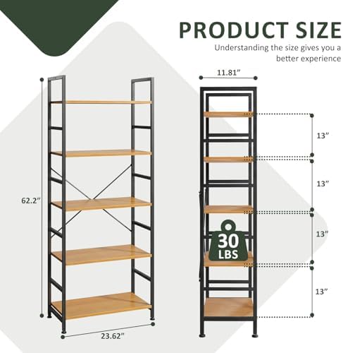 5 Tier Bookshelf, Free Standing Bookcase with Open Storage Shelves