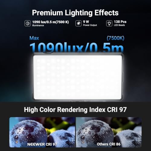 NEEWER Basics RGB Video Light, 9W 2700K-7500K Portable Full RGB Colors 17 Scenes CRI97, 4000mAh Rechargeable Metal Small LED Camera Panel Lighting for DSLR Tripod Streaming Video Recording, SL90C