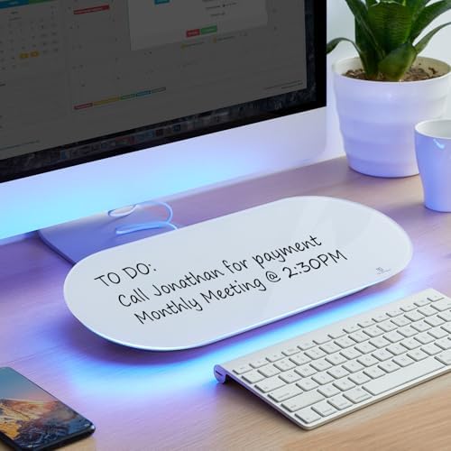TSJ OFFICE Glass Desktop Whiteboard - 17 X 7 Inches Small Dry Erase Board with Blue Light, Glass White Board Surface Notepad with 1 Drawer, Desk Organizers for Office, Home, School Supplies