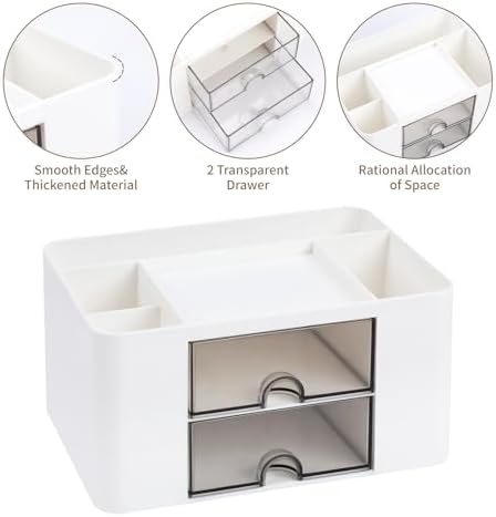 White Desk Organizers and Accessories 12+1Pcs, Office Supplies for Desk, Pen Organizer with 2 Drawers with Stapler,1000 Staples, Phone Holder, Tape Dispenser, Pen Holder, Sticky Note,Clips,Ruler,Etc