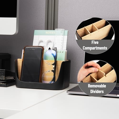 Mind Reader 5-Compartment Desktop Organizer, Adjustable Caddy, Plastic and Wood, Black