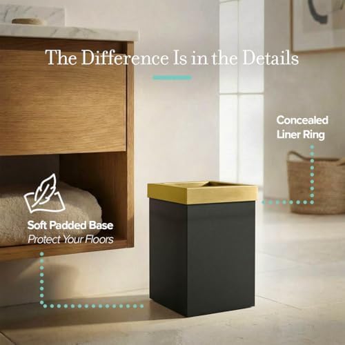 Gatco Small Bathroom Trash Can With Lid, Square 3 Gallon Stainless Steel Wastebasket, Under Sink, Matte Black And Brushed Brass, For Bathroom, Bedroom, Office (1934)