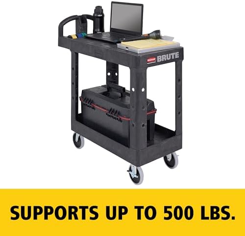 Rubbermaid Commercial Products Heavy Duty 2-Shelf Utility/Service Cart, Small, Flat Shelves, Ergonomic Handle, 500 lbs. Capacity, for Warehouse/Garage/Cleaning/Maintenance