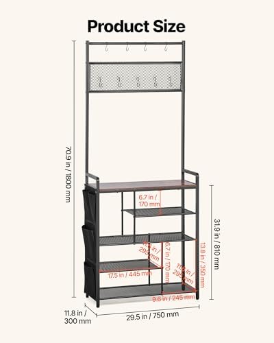 VEVOR Hall Tree, 70.9 in Coat Rack with Shoe Storage, Freestanding 4-Tier Shoe Rack Organizer with Hooks, Side Pocket and Wire Shelf, Steel Frame Entrance Coat Holder for Entryway, Bedroom, Closet