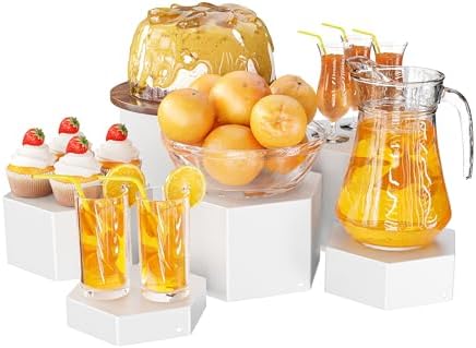 Metal Buffet Risers,6PCS Hexagonal Jewelry Display Risers 2.76 in to 4.02 in Market Display Stands Metal Showcase for Catering Dessert Figures Decoration (Grayish White, 2.76IN to 4.02IN)