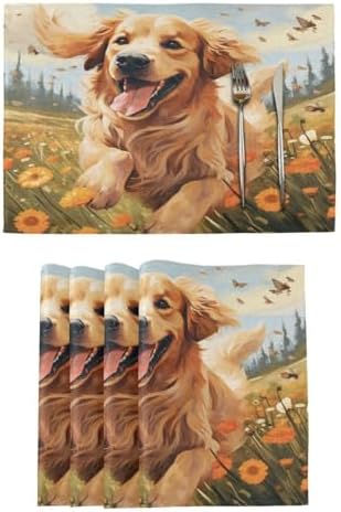 ALAZA Happy Golden Retriever in Flower Field Set of 4 Placemats Rectangle Table Mat for Dining Table Restaurant Kitchen Home Decor, 12" x 18"