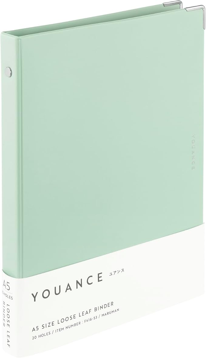 Maruman YOUANCE 20-Ring Binder, Holds 70 Sheets, A5 5.83"x8.27", Mint Green | Durable Vinyl Cover, Storage Pocket, Includes 10 3mm Graph Paper Sheets & Clear Sheet Protector, Made in Japan