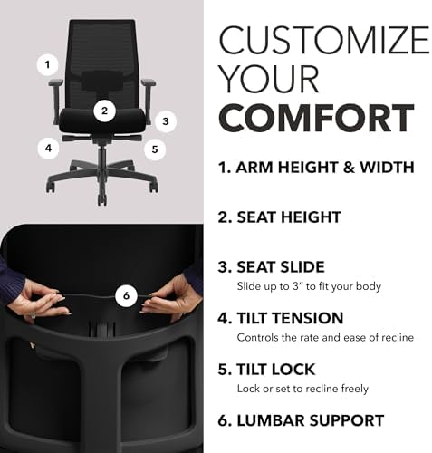 HON Ignition 2.0 Ergonomic Office Chair, Lumbar Support, Desk Chair, Black