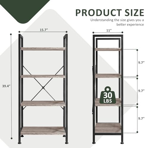4 Tier Bookshelf, Free Standing Bookcase with Open Storage Shelves
