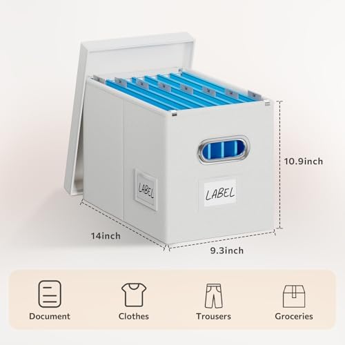 FHSQX 4Pack File Box with Lid, White, 14 x 9.3 x 10.9 in | File Organizer Box, Portable Hanging File Box, Decorative Filing Storage Boxes, For Office & Home File Cabinet