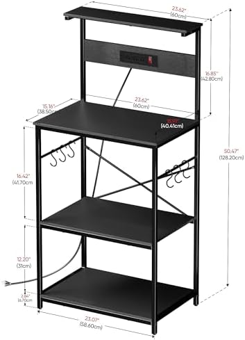 VUSIGN Kitchen Bakers Rack with Power Outlet, 4 Tiers Microwave Stand with Storage, 23.6 Inch Coffee Bar Station with 6 S Hooks, Adjustable Shelf Rack for Pots/Pans/Spices, Black