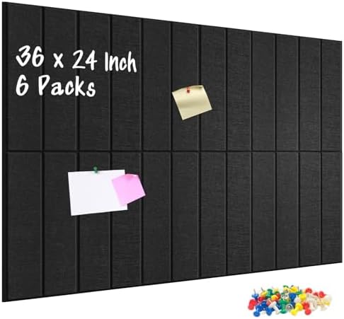 DOLLAR BOSS Felt Cork Board Tiles 6Pcs 12"x12" Bulletin Board, Black Stripe