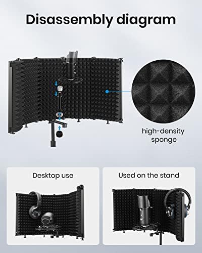 Moukey Microphone Insulation Sound Insulation Sound Shield Isolation, 5 Sides Microphone Sound-Absorbing Foam Reflector for Recording Studio, Podcasts, Vocals and Broadcasting