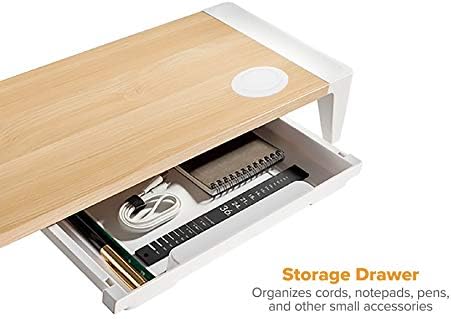 Bostitch Office Wooden Monitor Stand with Wireless Charging Pad, Drawer for Storage, Adjustable Height Riser Includes Removable Non-Skid Rubber Feet - Wood Grain and White (STND-2408WH)