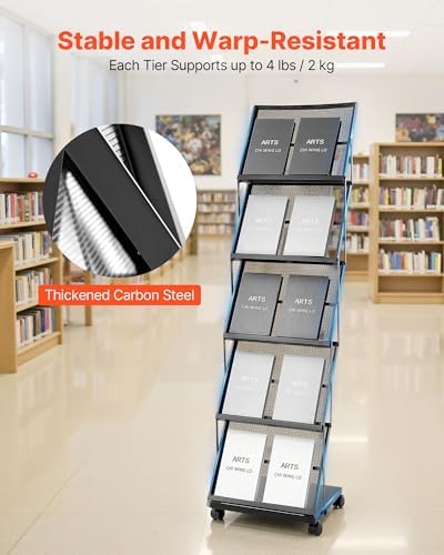VEVOR Brochure Display Rack, Foldable 5 Pockets Magazine Literature Display Stand, Movable Floor Standing Magazine Rack with Wheels, Metal Newspaper Catalog Holders for Shop Exhibitions Office Show
