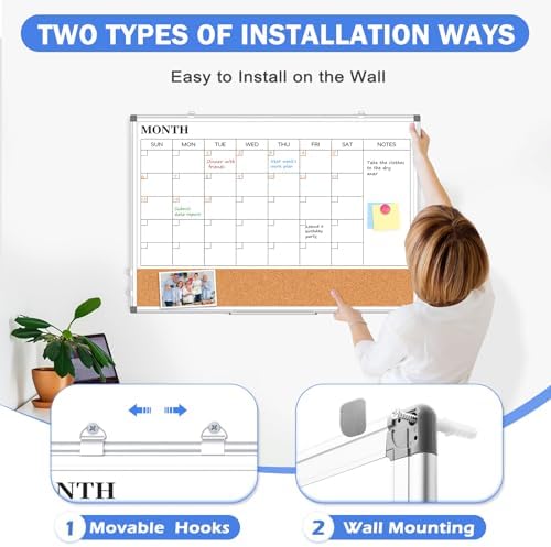 Dry Erase Calendar Whiteboard for Wall, 30" x 20" Monthly Cork White Board