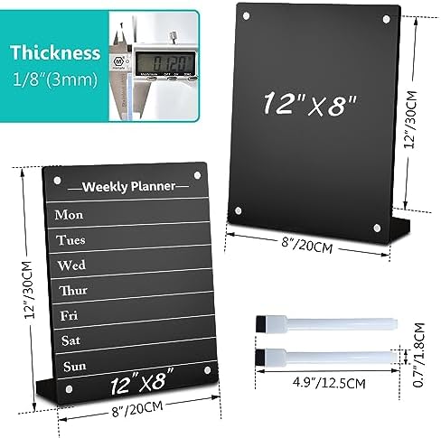 2PCS Black Acrylic Weekly Dry Erase Board with Stand for Desk, 12x8 Small Desktop Whiteboard Magnetic Fridge Calendar Memo Board, Daily Planner Blackboard Easel for Office, School