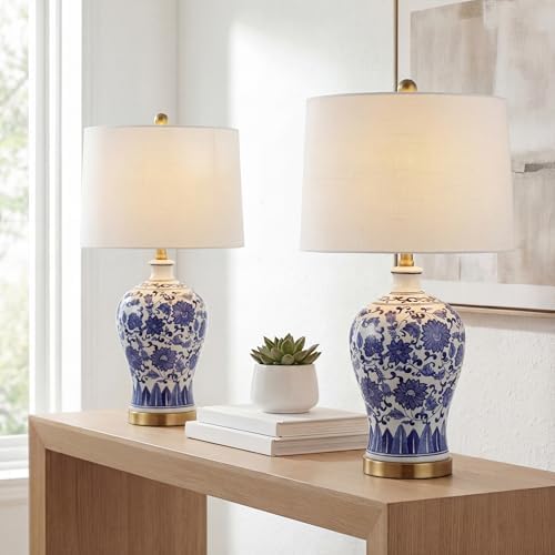 JONATHAN Y Jennifer 25.75" Ginger Jar LED Lamp, Blue/White, Set of 2
