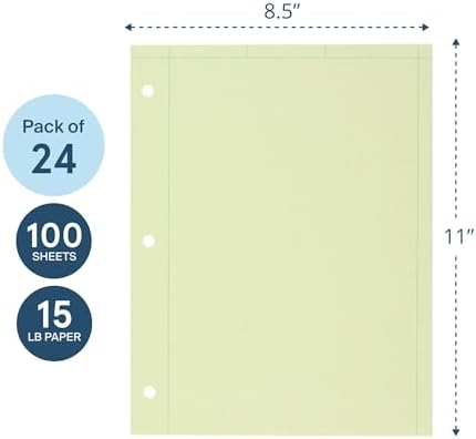 Roaring Spring Graph Ruled Engineering Pad, Engineering Graph Paper Pad, 24 Pack, 5x5 Enclosed Grid, 8.5" x 11", 100 Sheets, 3 Hole Punched, Green Tinted Sheets, Made in USA