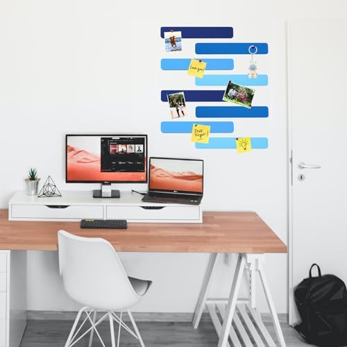 8Pcs Rectangle Felt Cork Board Bar Strips with 35 Pushpins, Self-Adhesive Bulletin Board Strips for Office School Home Wall Decor Stickers Memos Schedules Photos Display -Gradual Blue