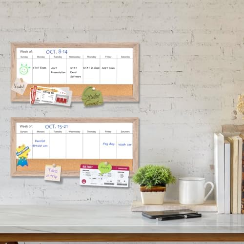 Magnetic Weekly Whiteboard and Cork Board, Brown Wood Frame, 16" x 8"