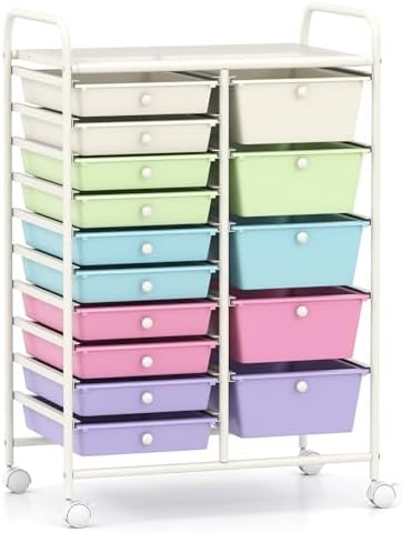 COSTWAY 15 Drawer Rolling Storage Cart, Mobile Utility Cart with Lockable Wheels, Drawers, Multipurpose Organizer Cart for Home, Office, School, Ice Cream Multicolor
