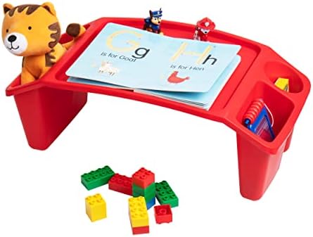 Mind Reader Kids Lap Desk, Portable Activity Tray with Side Storage, Stackable Plastic Desk for Drawing, Snacks, Study, Set of 2, Red