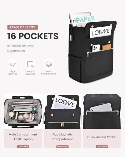 LOVEVOOK 18 Inch Laptop Backpack for Women, Large Capacity Travel Backpack with Organizer Bag, Waterproof Carry on Backpack Purse Work Bag with USB Port for College Teacher Nurse, 2PCS,Black