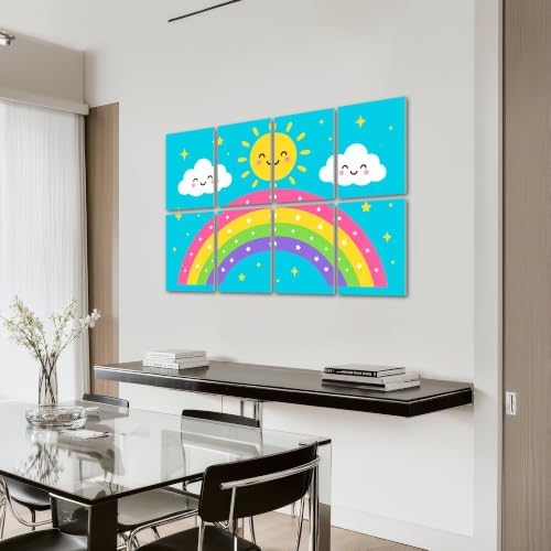 8 Pack Art Acoustic Panels Sound Absorbing Cute Rainbow Smiling Sun Clouds Stars Blue Decorative Soundproof Wall Panels Self Adhesive for Home Recording Studios 48"x32"