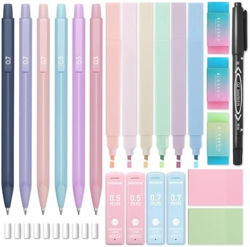 XKDOUS 23 Pcs Mechanical Pencil Set, Aesthetic Stationery Set for School | 0.5 & 0.7mm Mechanical Pencils, 240 Lead Refills, Highlighters, Transparent Sticky Notes Set for Back to School