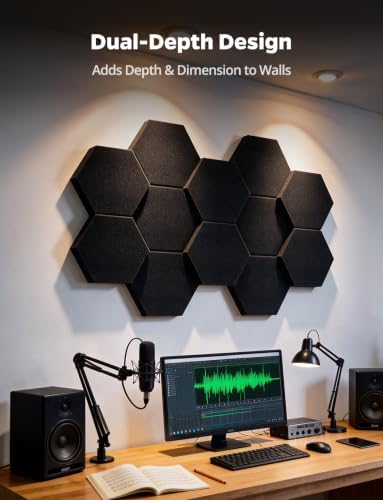 MLV Sound Proof Foam Panels for Walls Sound Dampening & Absorbing for Studio, 12 Pack 1.57" & 2.75" Dual-thickness Hexagon Soundproof Acoustic Tile Noise Reduction for Home Theater Gaming Room