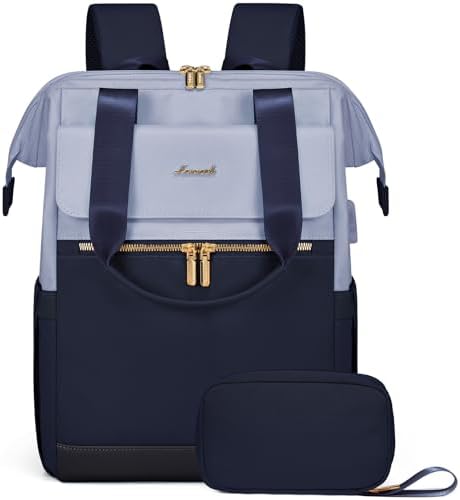LOVEVOOK Laptop Backpack for Women, 15.6 Inch Work Laptop Bag with USB Port, Fashion Teacher Nurse Backpack Purse, Waterproof Travel Computer Backpack with Organizer Bag, 2PCS, Grey Blue-Ink Blue
