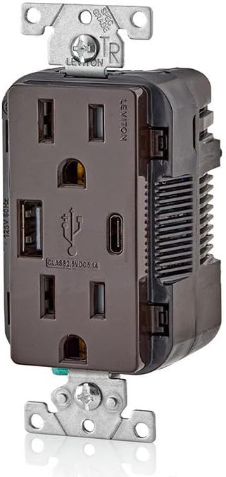 Leviton T5633-B Type A & Type-C USB in-Wall Charger with 15A Tamper-Resistant Outlet, USB Charger for Smartphones and Tablets. Not for Laptops, Brown