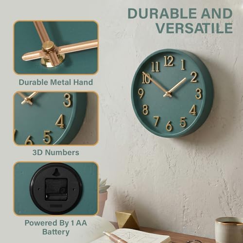 Clockswise 11" Modern Minimalist Round Wall Clock Gold Arabic Numerals Blue Dial Analog Display Step Movement Mechanism Easy-to-Read Timepiece for Living Room Kitchen Office or Bedroom Wall Decor