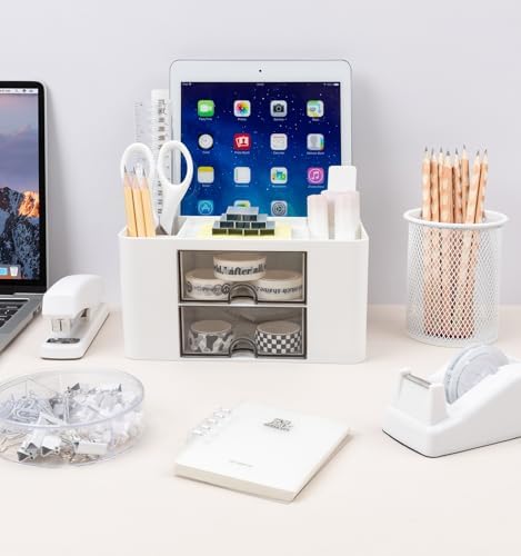 White Desk Organizers and Accessories 12+1Pcs, Office Supplies for Desk, Pen Organizer with 2 Drawers with Stapler,1000 Staples, Phone Holder, Tape Dispenser, Pen Holder, Sticky Note,Clips,Ruler,Etc