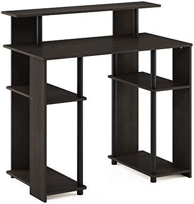 35.3 Wide Gaming Desk with Raised Hutch and Open Shelf, Simple Design Computer Writing Desk, Office Desk for Bedroom, Home Office, Walnut