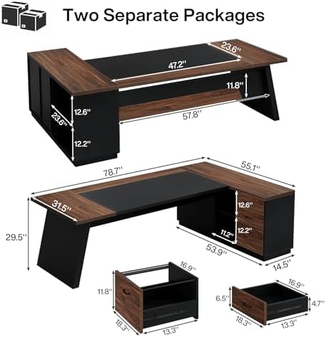 Tribesigns 78" L-Shaped Executive Desk, Large Office Desk with Drawers and File Cabinet, Modern Business Furniture for Home Office (Walnut & Black)