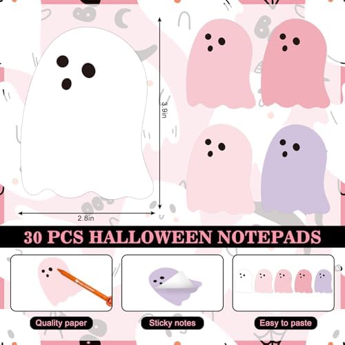 JarThenaAMCS 60Pcs Halloween Stationery Set White Pink Purple Ghost Sticky Note Pads with Boo Ghost Ballpoint Writing Pens for Office Classroom Party Favors Supplies