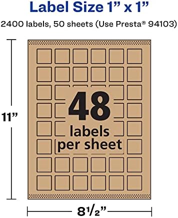 Avery® Kraft Brown Square Labels, Sure Feed® Technology, 1" x 1", 2,400 Kraft Brown Labels, Print-to-The-Edge, Laser/Inkjet Printable