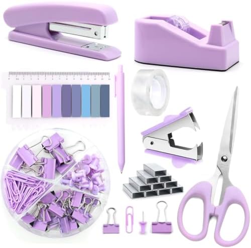 Office Supplies,Purple Desk Accessories,Stapler and Tape Dispenser Set for Women with Stapler,Tape Dispenser,Staple Remover,Staples,Clips,Scissors and Tabs,Gift for Student,Teacher,Coworkers,Business
