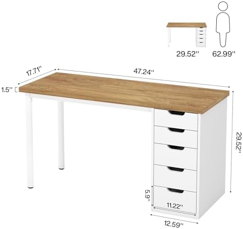 Tribesigns Computer Desk with 5 Drawers, 47 inches Rustic Brown Home Office Desk with Storage, Modern Simple Laptop Desk Study Writing Table for Small Spaces (1, Walnut+White)