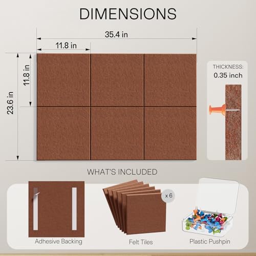 MaxGear Felt Bulletin Board 36" x 24", Chocolate Brown Felt Wall Tiles