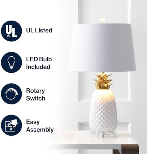JONATHAN Y Pineapple Ceramic Table Lamp Bedside Nightstand 23", White/Gold
