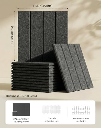 Aothia 12-Pack Felt Bulletin Board Tiles 48"x36", Modular Pin Board for Notes, Photos & Mood Boards, Cork Board Alternative for Smooth Walls, 0.35" Thick, 70 Adhesive Tabs & 40 Pins, Charcoal Gray