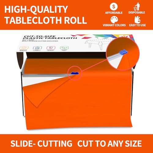 CXPSINC 54 Inch X 300 Feet Plastic Table Cover Roll Disposable Tablecloth with Slide Cutter for All Type/Shape Tables | Party, Banquet, Birthdays, Weddings(Orange, 300 Feet