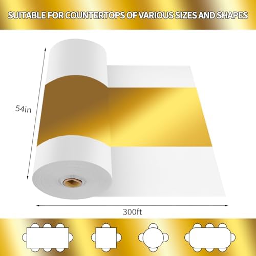 CXPSINC 54 Inch X 300 Feet Plastic Table Cover Roll Disposable Tablecloth with Slide Cutter for All Type/Shape Tables | Party, Banquet, Birthdays, Weddings(White & Glod, 300 Feet)